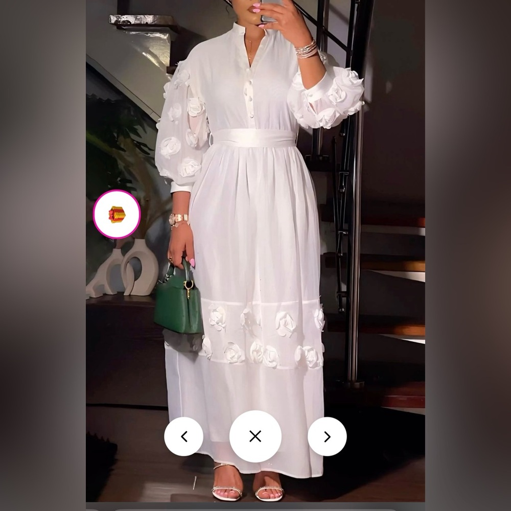 Semi Formal White Stand-Up Collar Lantern Sleeve Half Sleeve 3D Appliqués Maxi